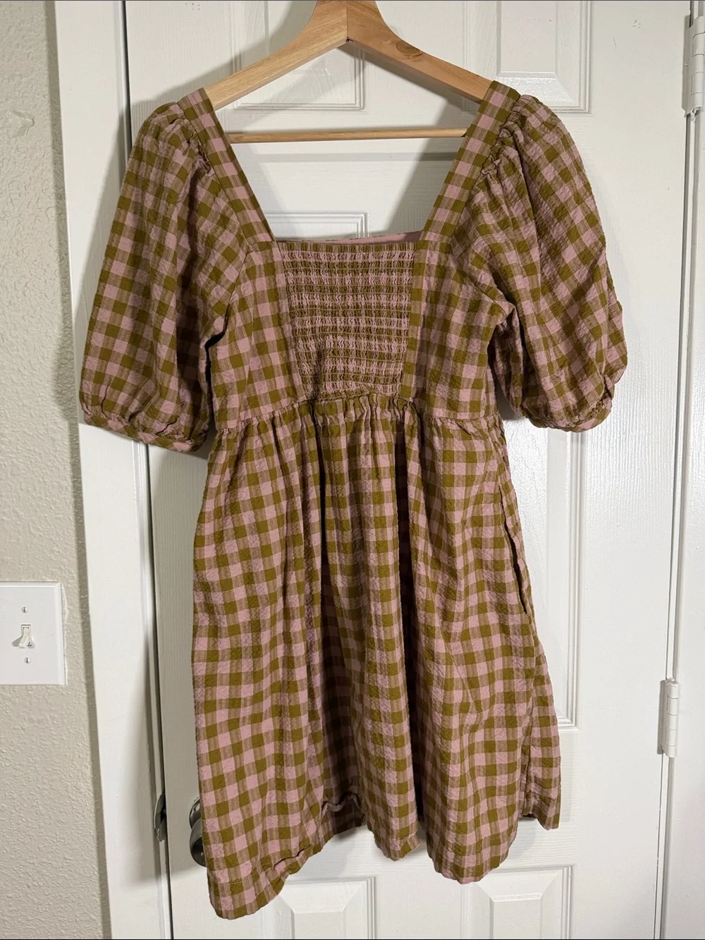Madewell Pink & Olive Gingham Puff Sleeve Cotton Mini Dress Pockets - Picture 5 of 7